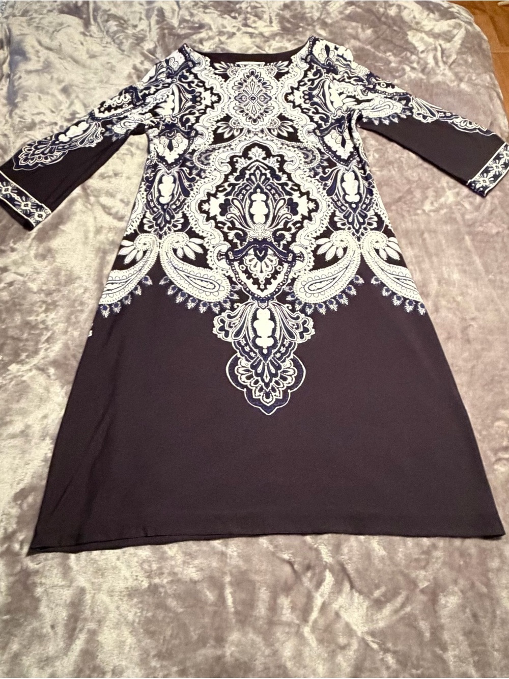Navy Blue and White Paisley-Print A-Line Dress